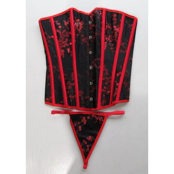 Black Red Asian Themed Boned Corset Set - NEW - Picture 2 of 7